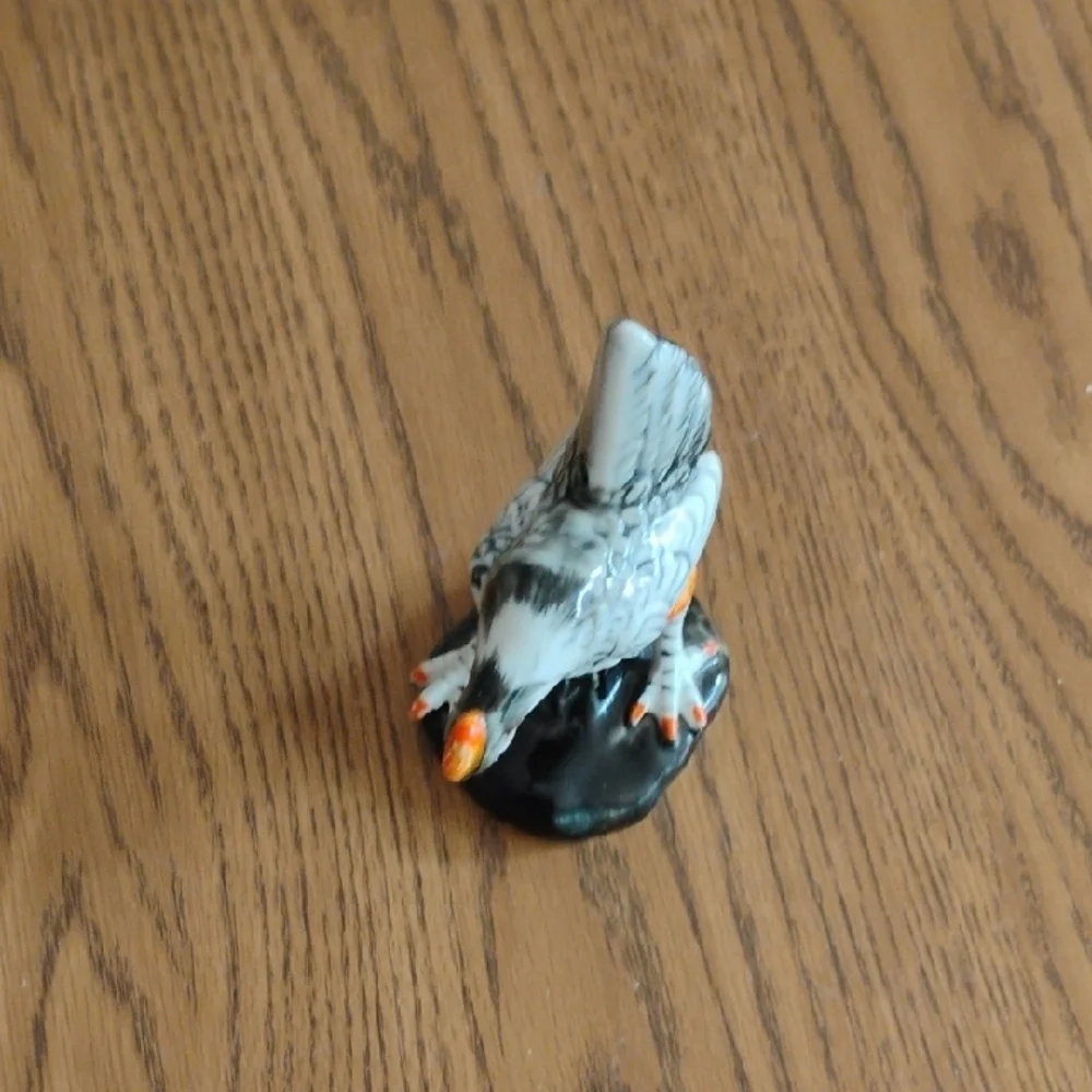 Ceramic Bird Perch Ornament in Black, White & Orange - Decorative Accent
